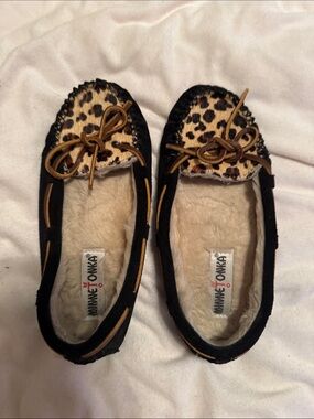 Minnetonka Black Suede Moccasins with Leopard Print Toe and Tan Trim